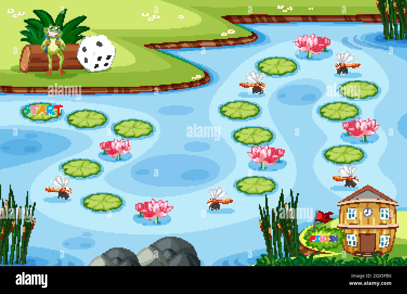 Modèle de jeu avec petite grenouille et feuille de lotus sur marécage en arrière-plan de la forêt Illustration de Vecteur