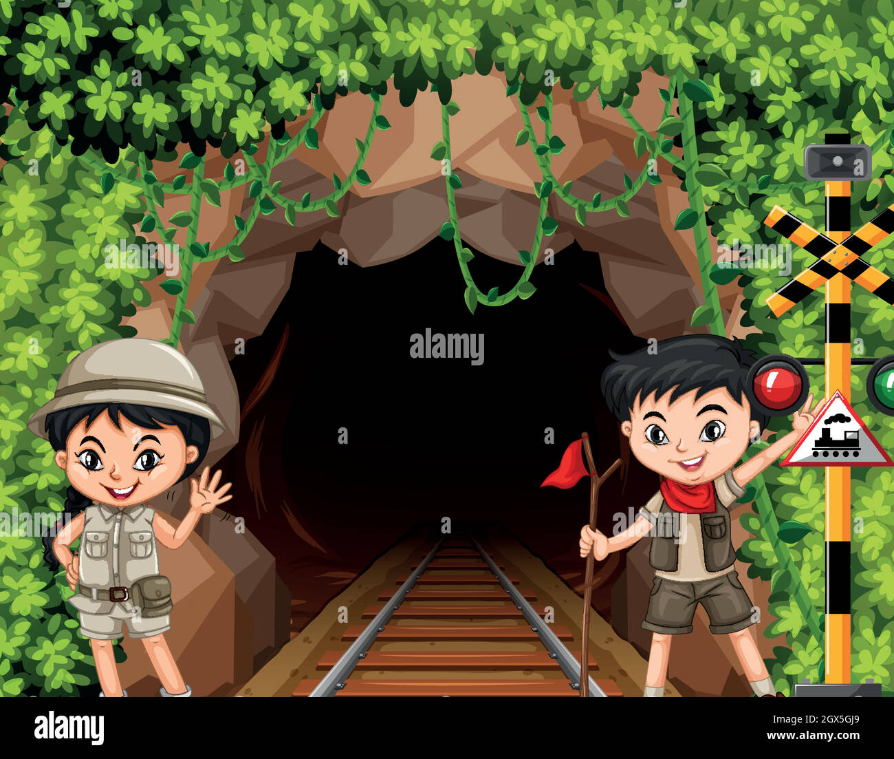 Scout garçon et fille devant le tunnel Illustration de Vecteur