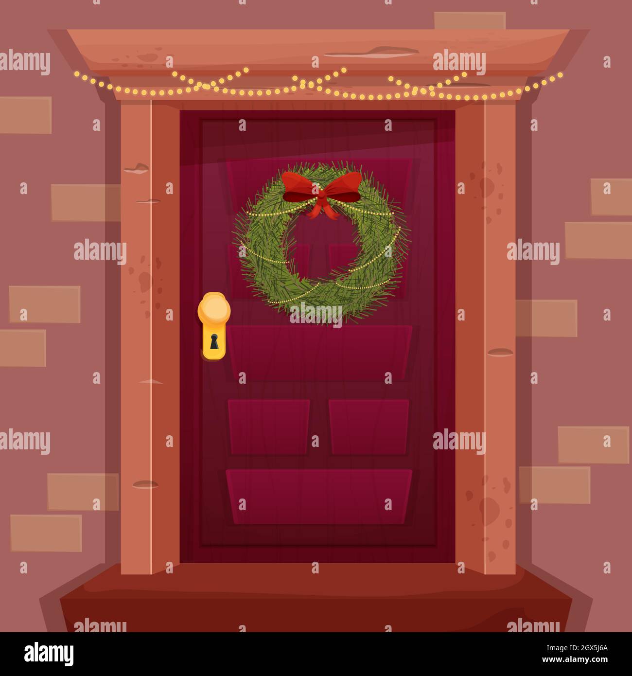 Couronne de Noël ornée d'un noeud rouge sur une porte en bois rétro de  style dessin animé isolée sur fond blanc. Hiver, décoration de vacances.  Illustration vectorielle Image Vectorielle Stock - Alamy