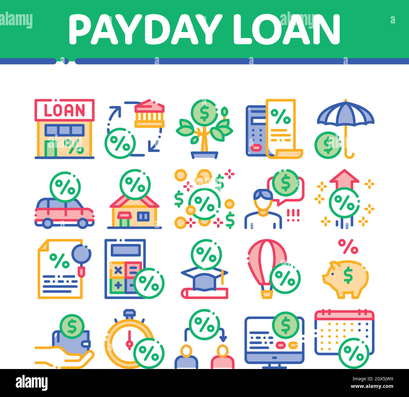 Les éléments de la cueillette de prêt sur salaire Icons Set Vector Illustration de Vecteur