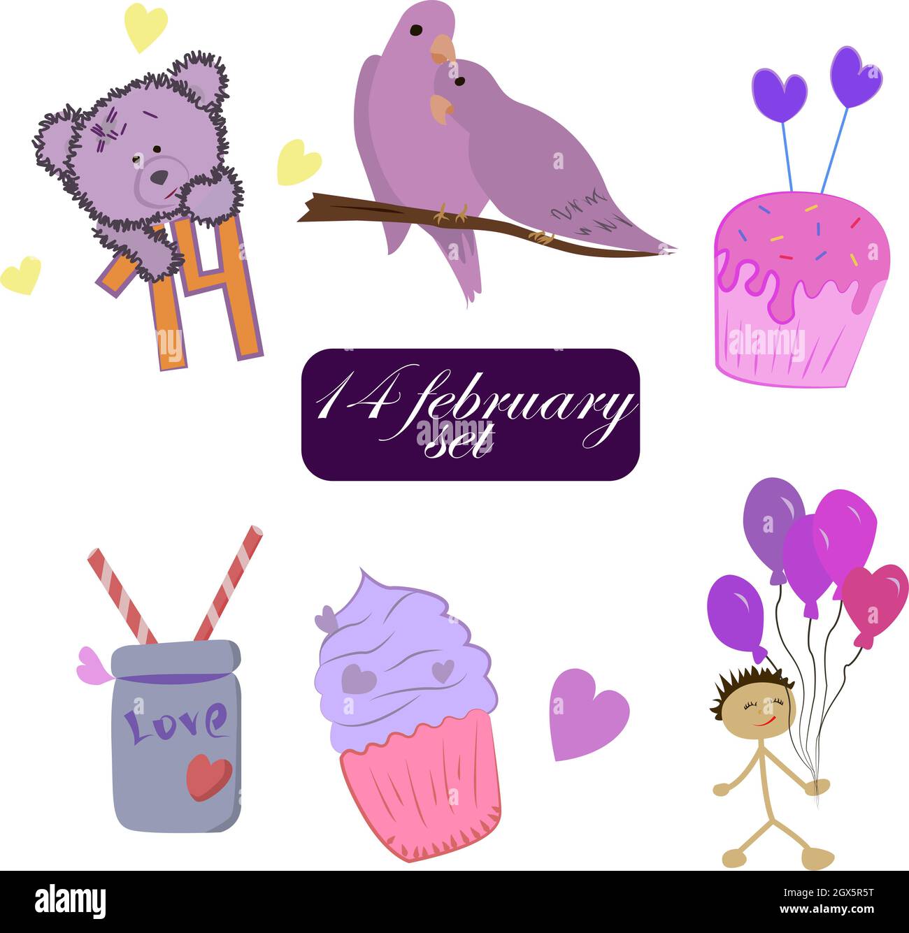 Saint Valentin. Le 14 février. Esquisse. Pigeons, ours, gâteau, balles Banque D'Images