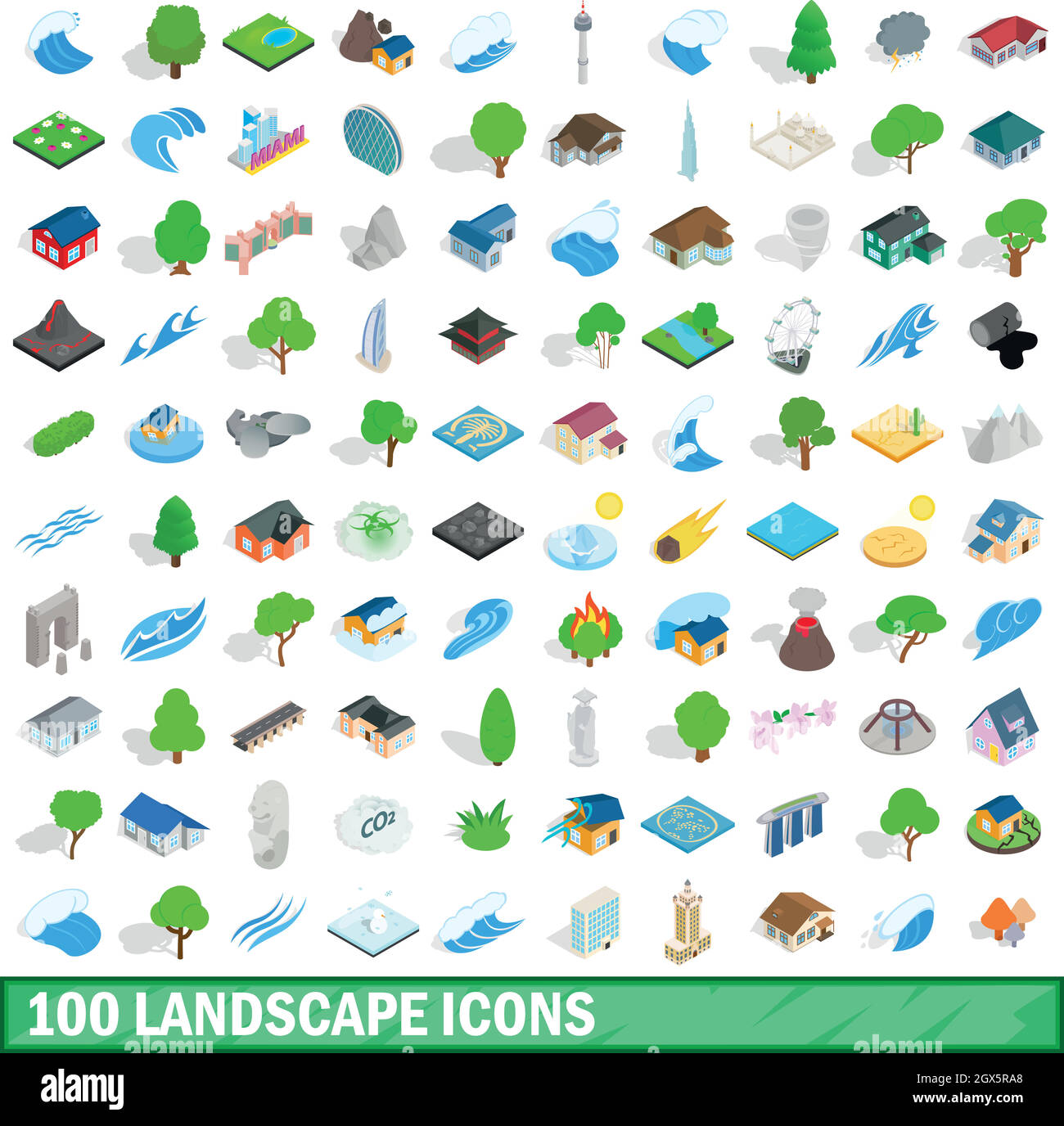 100 icônes du paysage, jeu 3D isométrique style Illustration de Vecteur