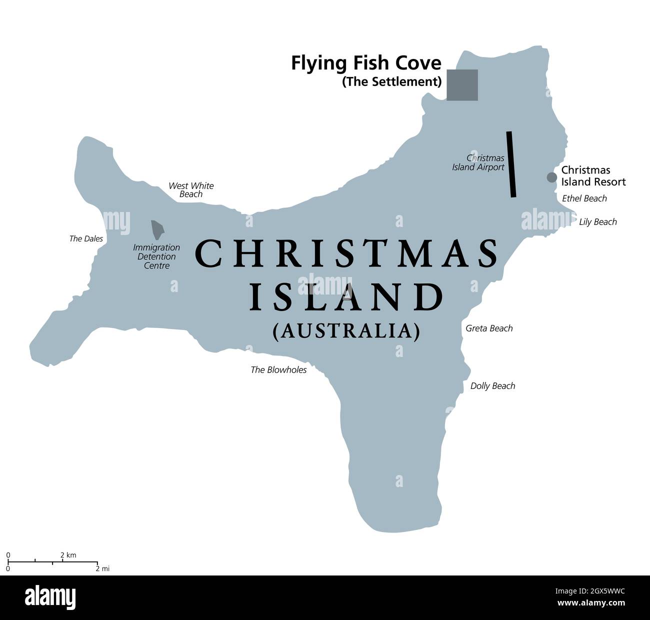 Christmas Island, Australie, carte politique grise, avec colonie principale Flying Fish Cove. Territoire extérieur australien, situé dans l'océan Indien. Banque D'Images