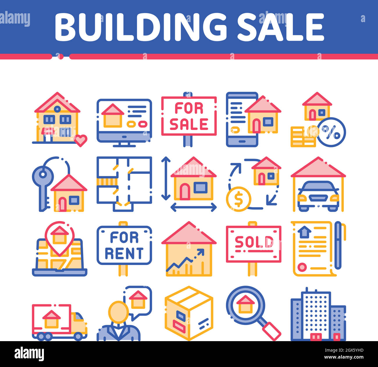 Bâtiment maison vente ligne fine Vector Icons Set Illustration de Vecteur