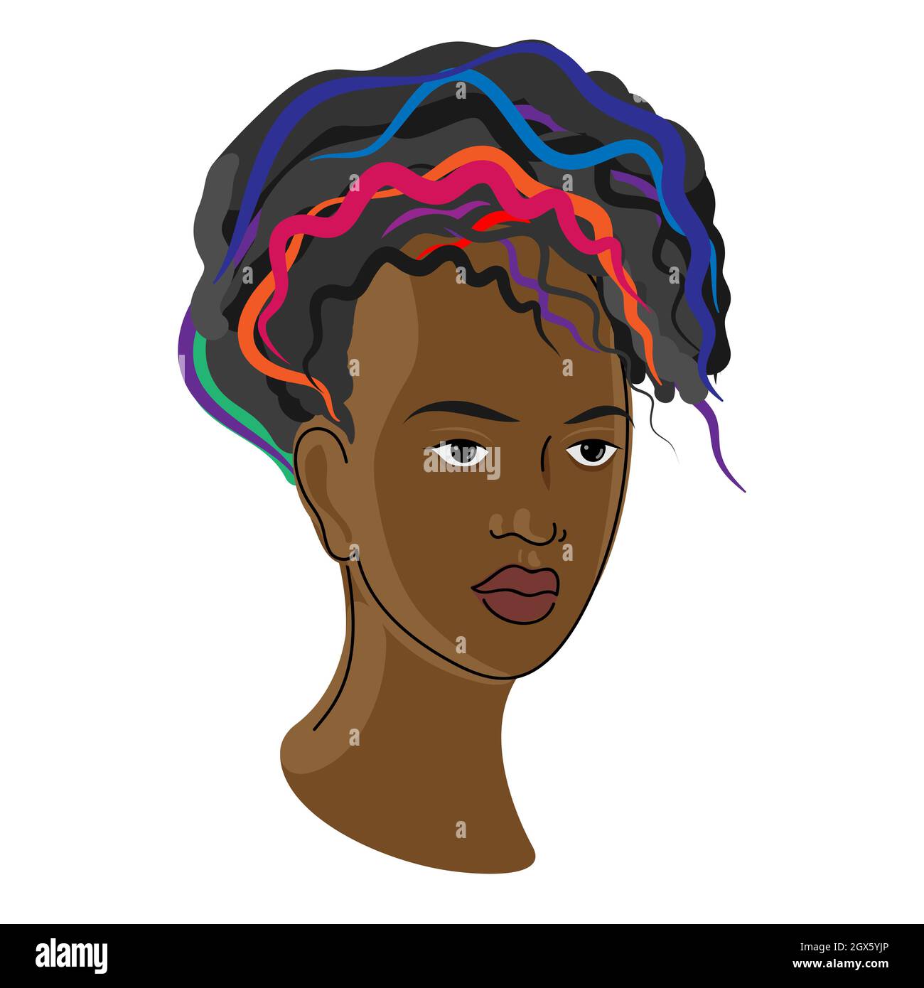 Portrait d'une femme noire, avec des cheveux bouclés colorés. Visage de fille afro-américaine, illustration vectorielle. Illustration de Vecteur