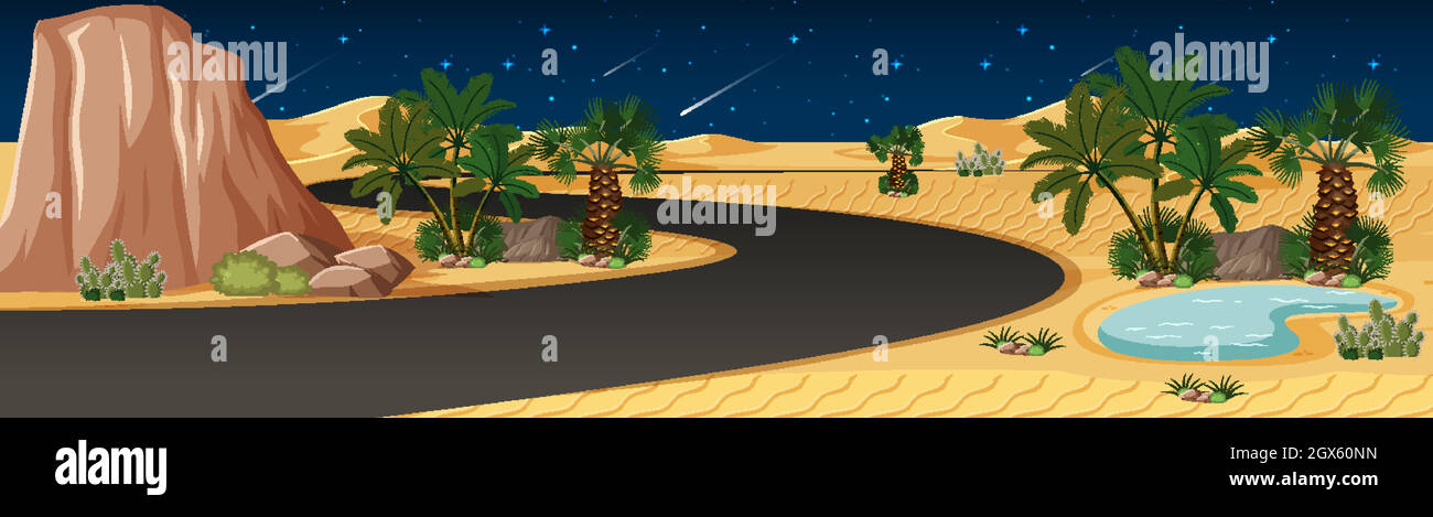 Oasis dans le désert avec paysage de longue route de nuit Illustration de Vecteur