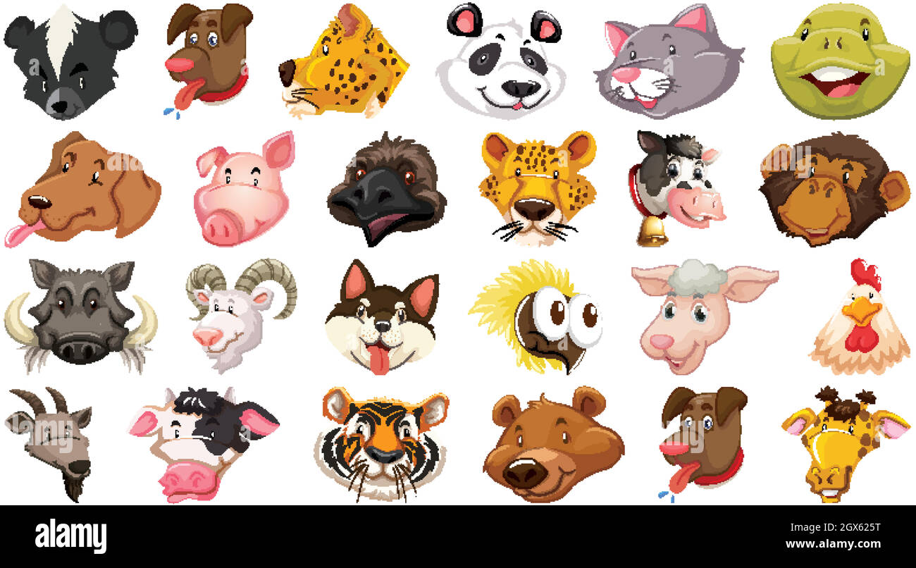 Ensemble de différents animaux de dessin animé mignon tête énorme isolé sur fond blanc Illustration de Vecteur