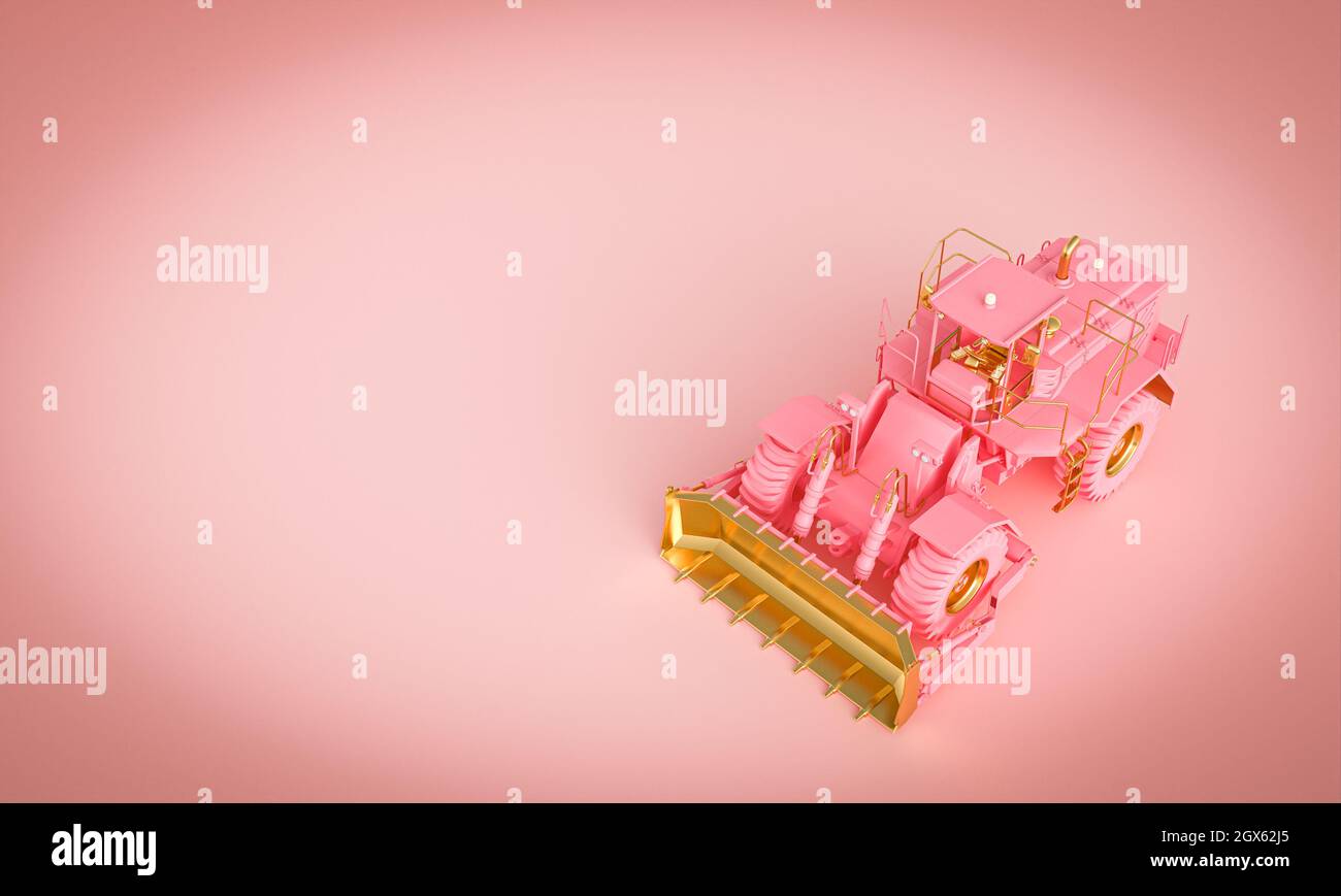 bulldozer doré et rose sur fond rose. rendu 3d. Banque D'Images