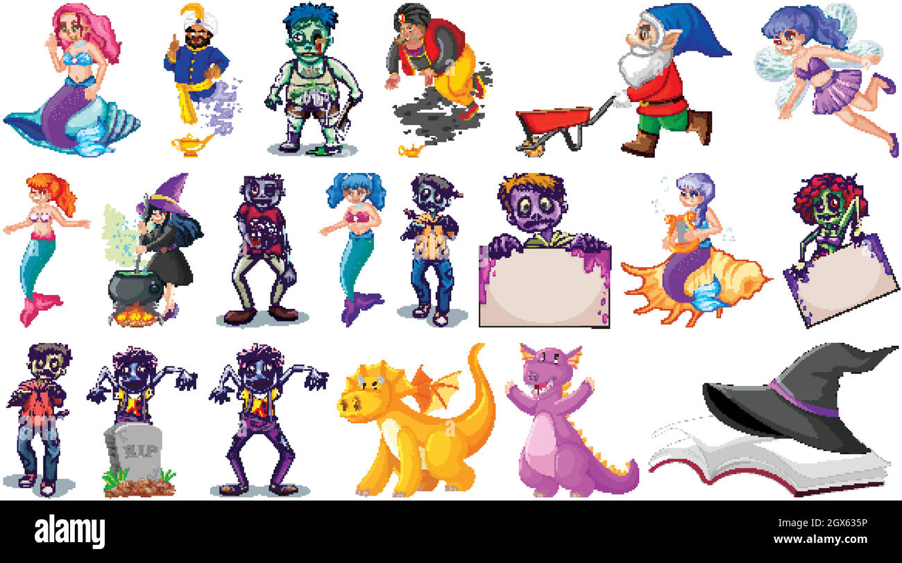 Ensemble de personnages de dessin animé fantaisie et thème de fantaisie isolés sur fond blanc Illustration de Vecteur