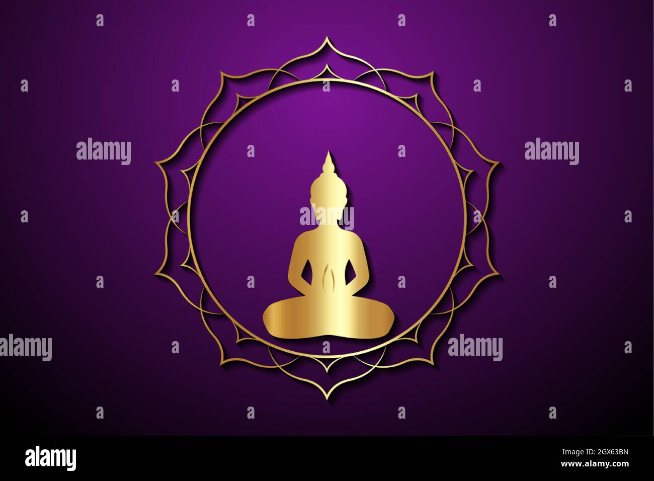 Silhouette de Bouddha d'or en position lotus, modèle de logo rond de lotus Sacré. Motifs ésotériques du bouddhisme, yoga spirituel. Golden Mandala Vector isolé Illustration de Vecteur