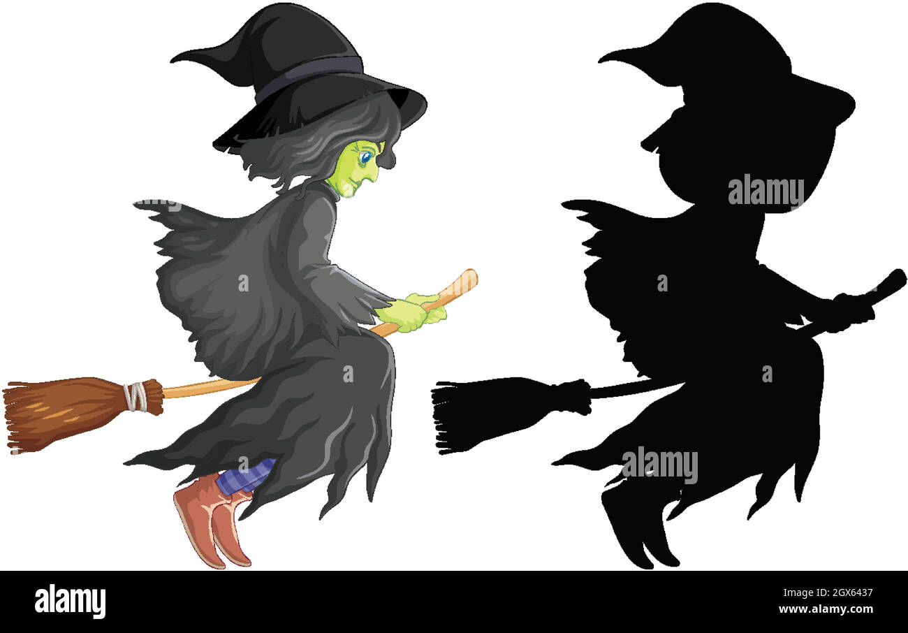 Sorcière avec bâton de couleur et personnage de dessin animé de silhouette isolé sur fond blanc Illustration de Vecteur