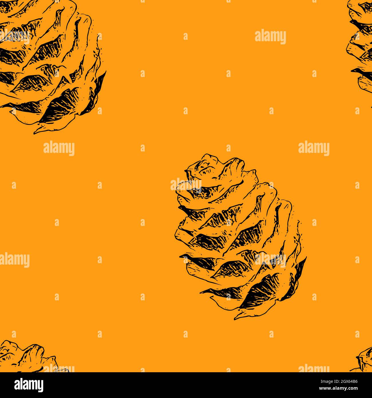 Motif sans couture des cônes de pin illustration noire différentes tailles sur fond orange. Vacances d'hiver et concept d'automne pour cartes postales et cadeau pape Banque D'Images