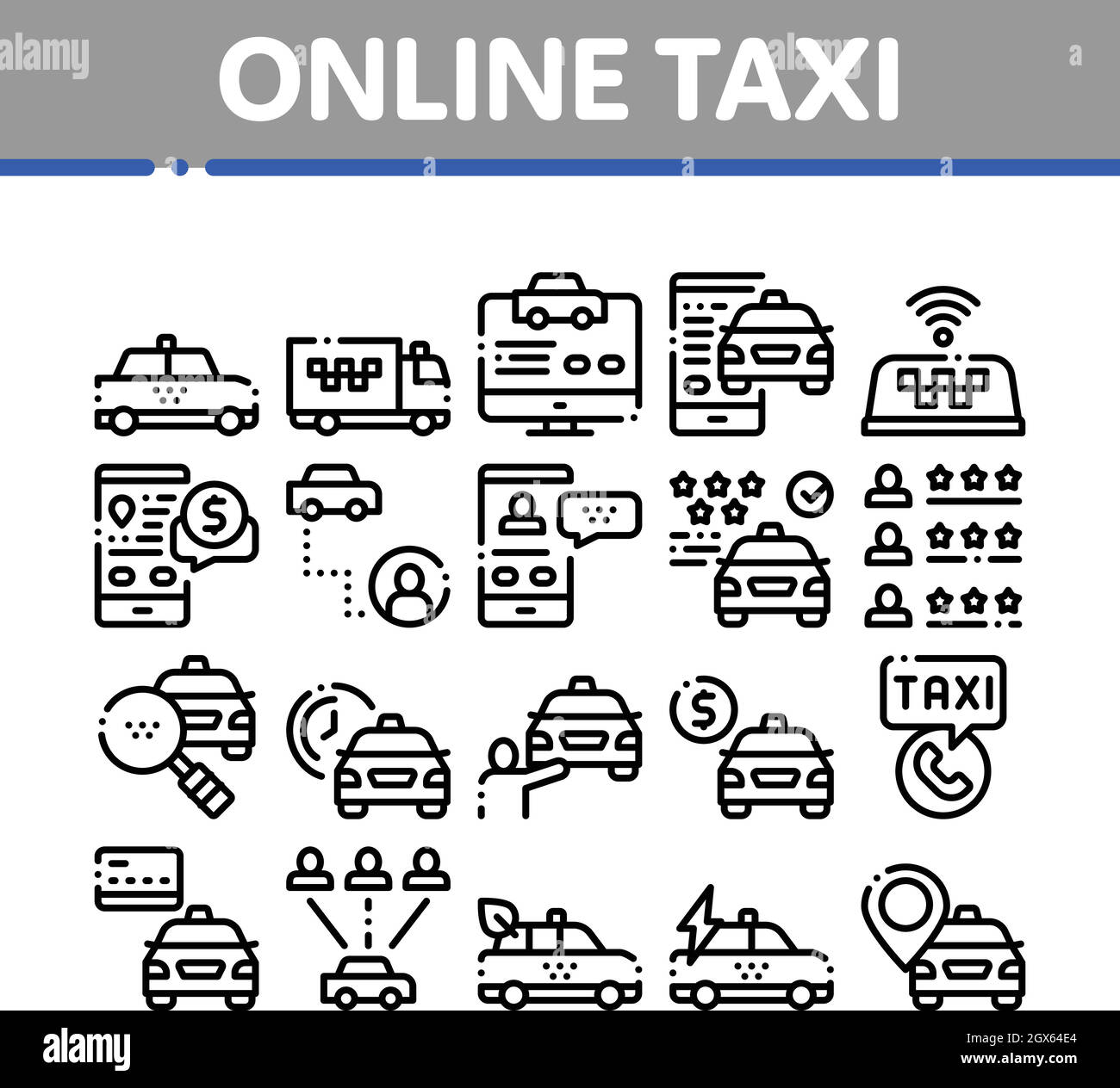 Taxi en ligne Éléments Collection Vector Icons Set Illustration de Vecteur
