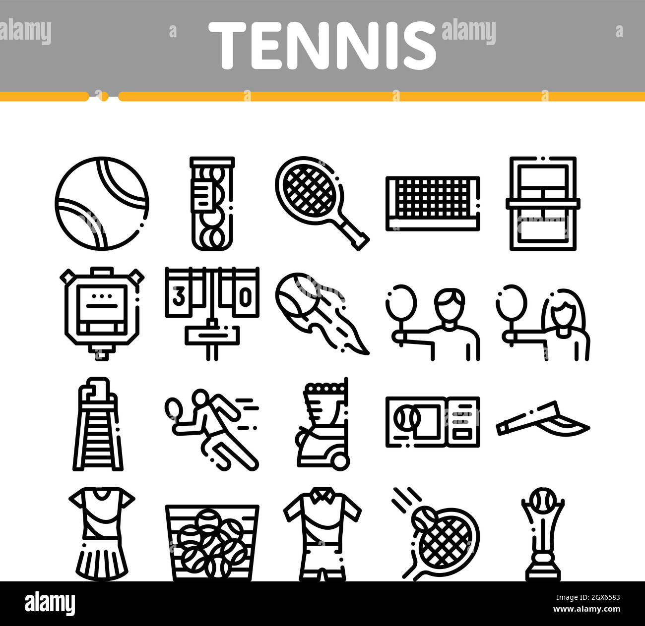 Jeu de tennis Collection d'équipements de jeu Icons Set Vector Illustration de Vecteur