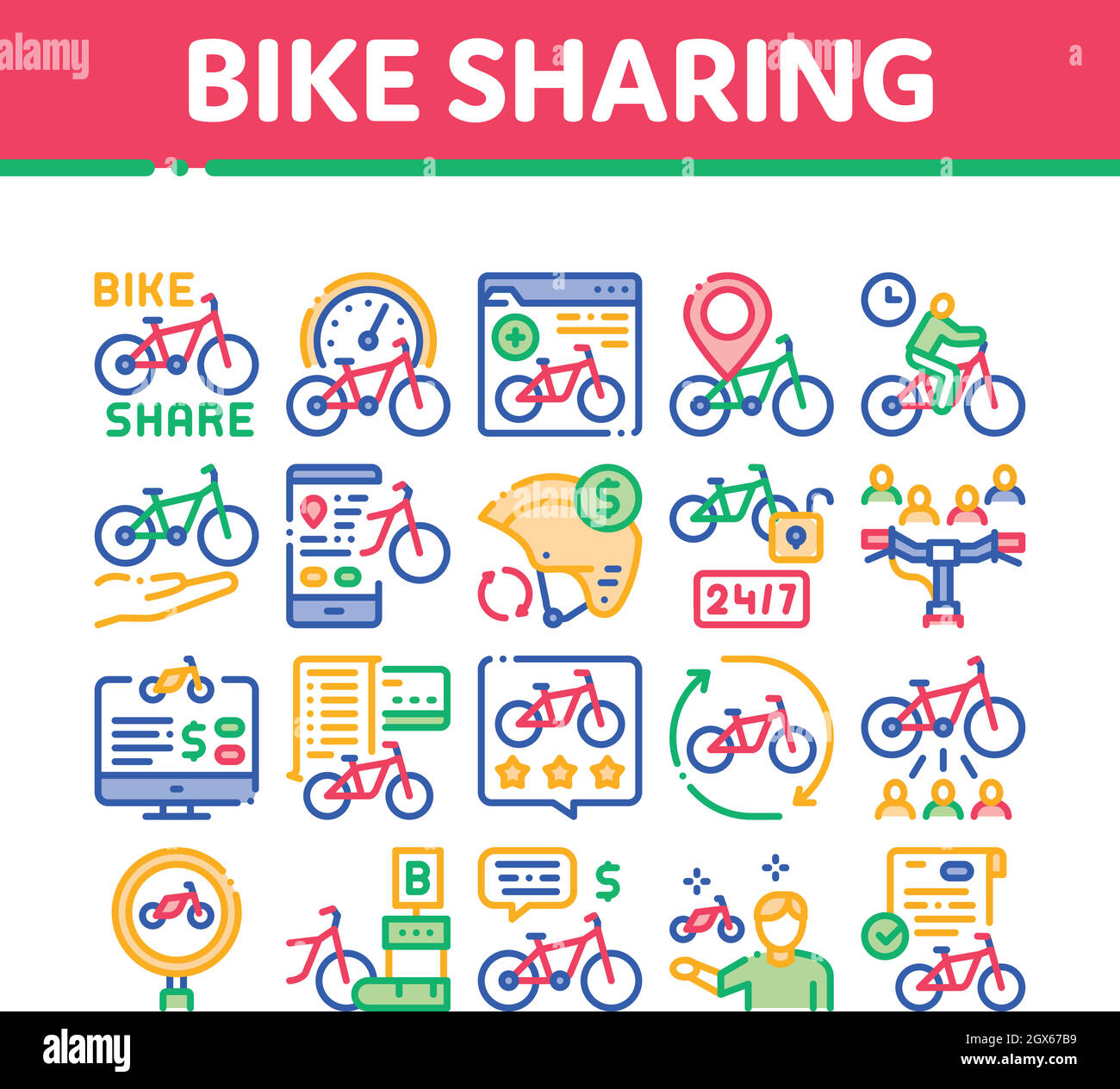 Partage de vélos icônes de la collection d'entreprises définir le vecteur Illustration de Vecteur