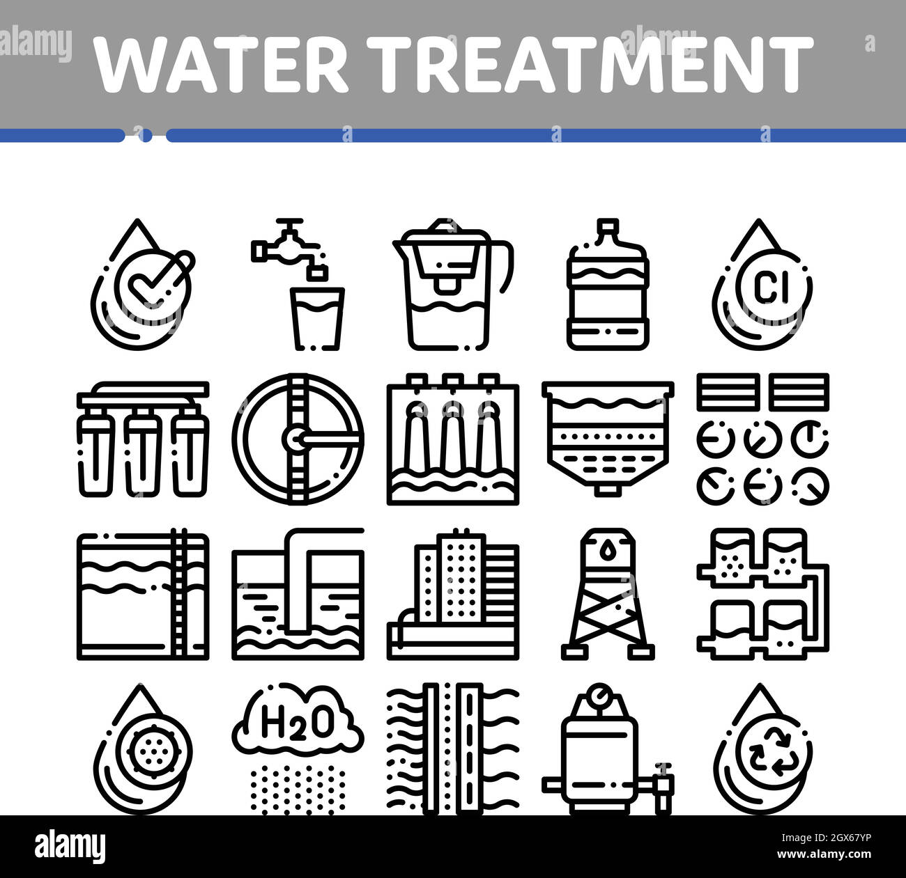 Éléments de traitement de l'eau fine ligne Vector Icons Set Illustration de Vecteur