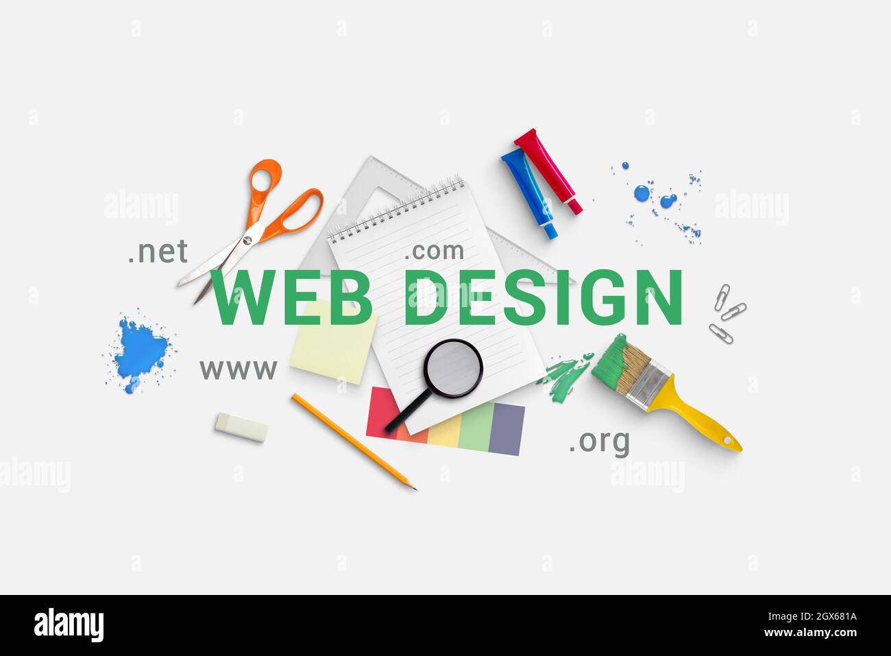 Composition de concept de conception Web avec texte entouré de fournitures Banque D'Images