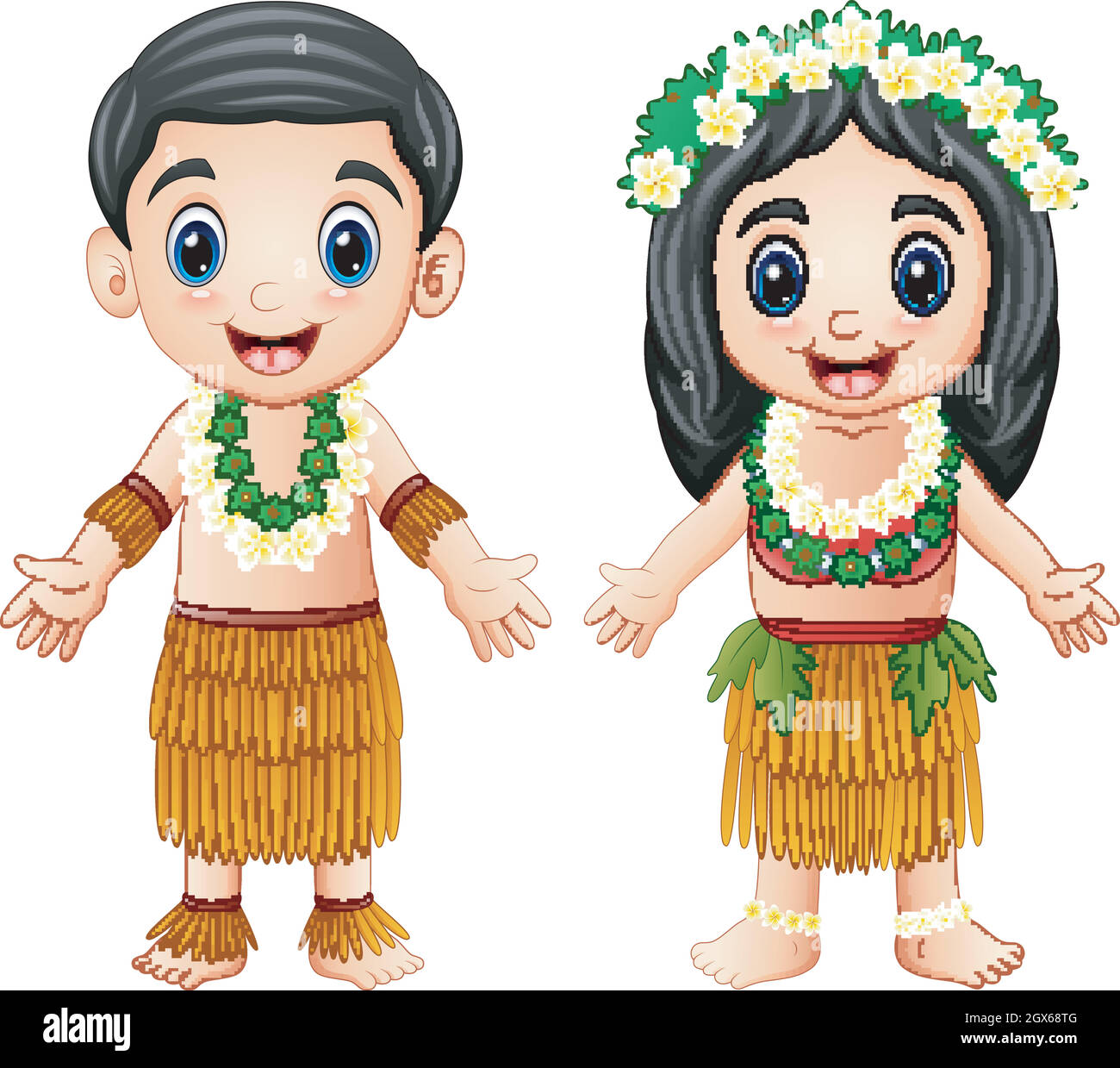 Un couple de dessins animés hawaïens portant des costumes traditionnels Illustration de Vecteur