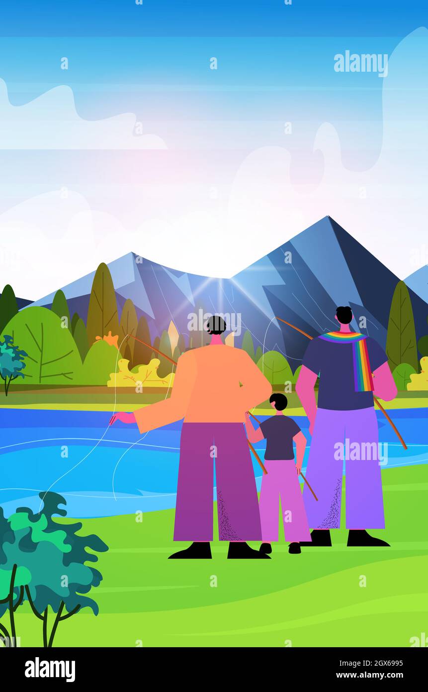 Les parents de sexe masculin pêchant avec un petit fils gay famille transgenre amour communauté LGBT concept paysage fond Illustration de Vecteur