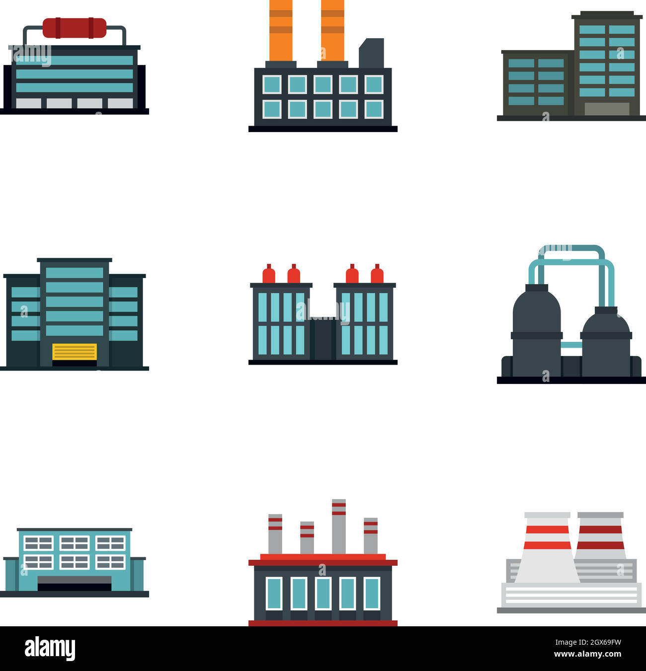 Ensemble d'icônes de centrales électriques industrielles, style plat Illustration de Vecteur