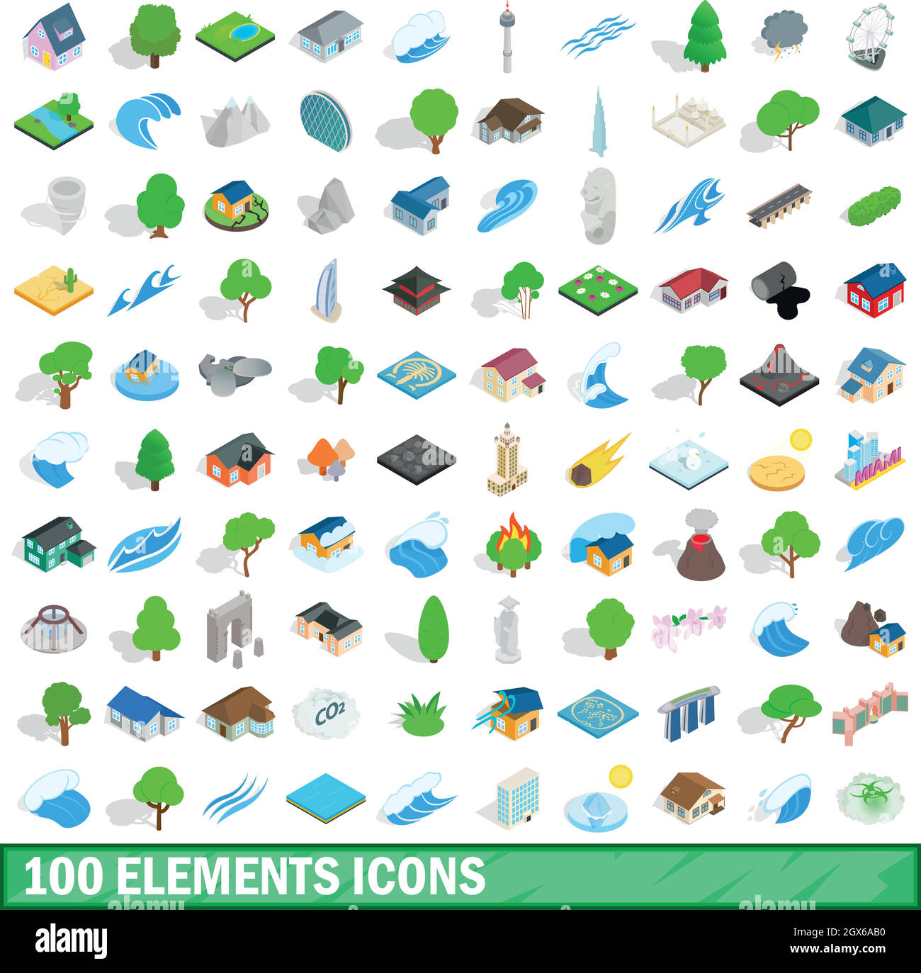 100 éléments icons set, style 3D isométrique Illustration de Vecteur