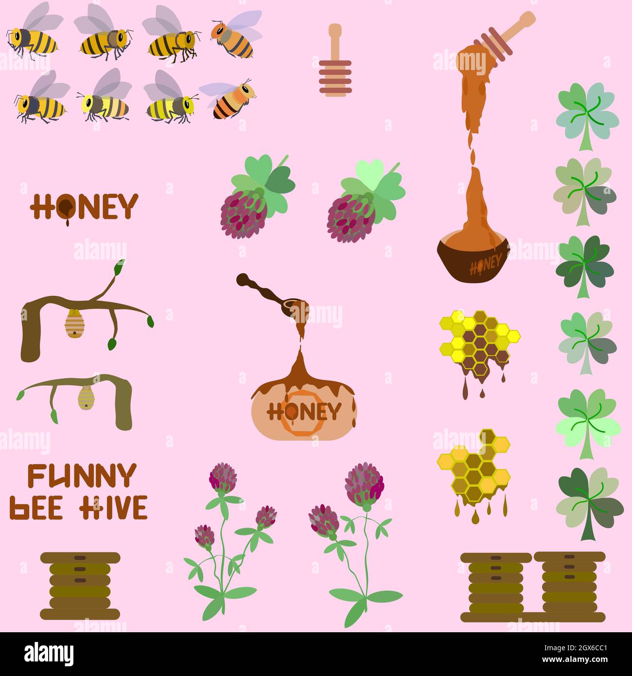 ensemble d'abeilles, trèfle, ruche Illustration de Vecteur