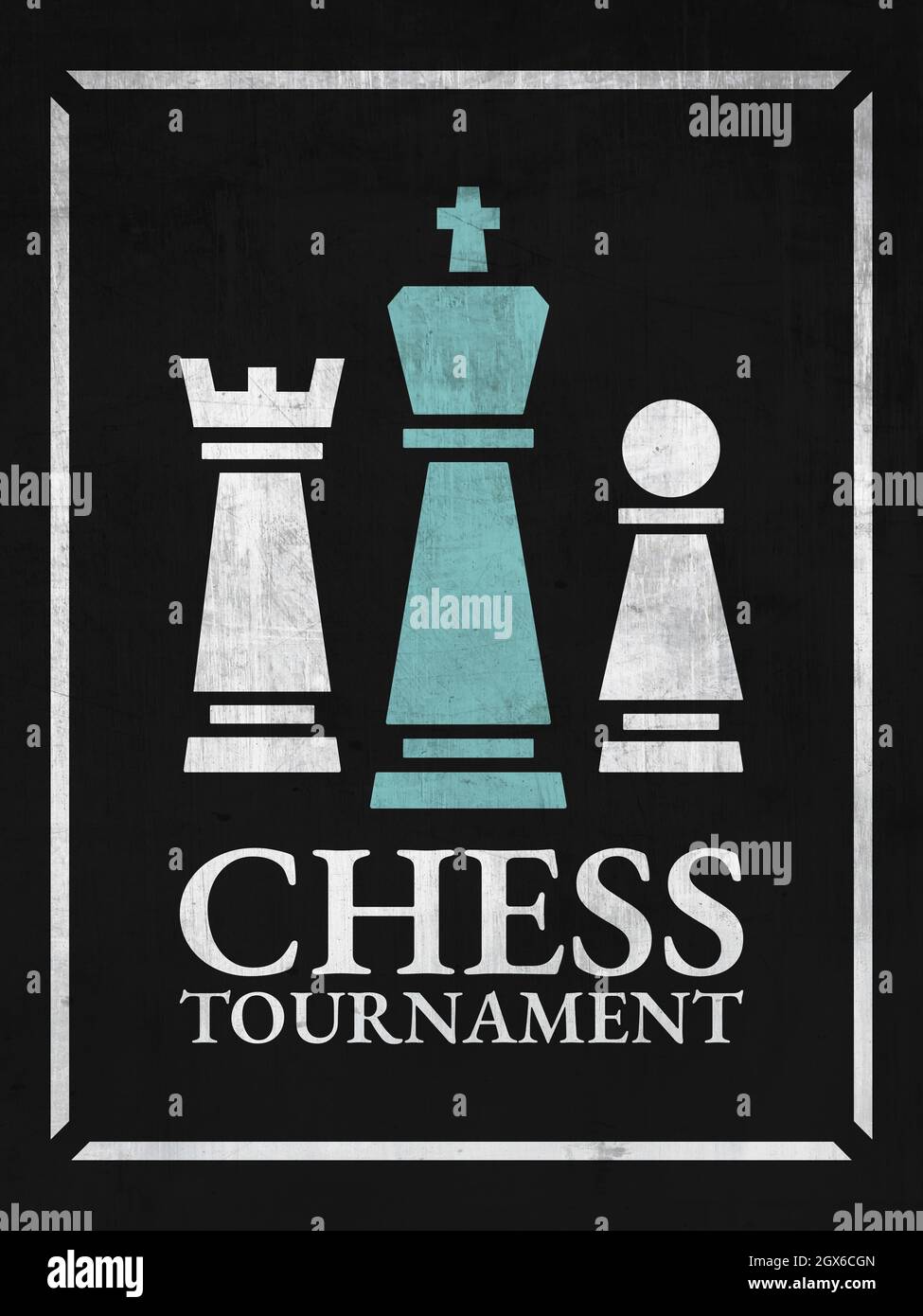 Design de l'affiche du tournoi d'échecs. Blue King et White Pawn and Rook, éléments de contour sur fond noir avec texte. Style moderne. Illustration Banque D'Images
