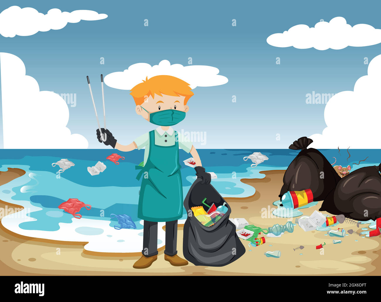 Un homme qui nettoie la plage Illustration de Vecteur