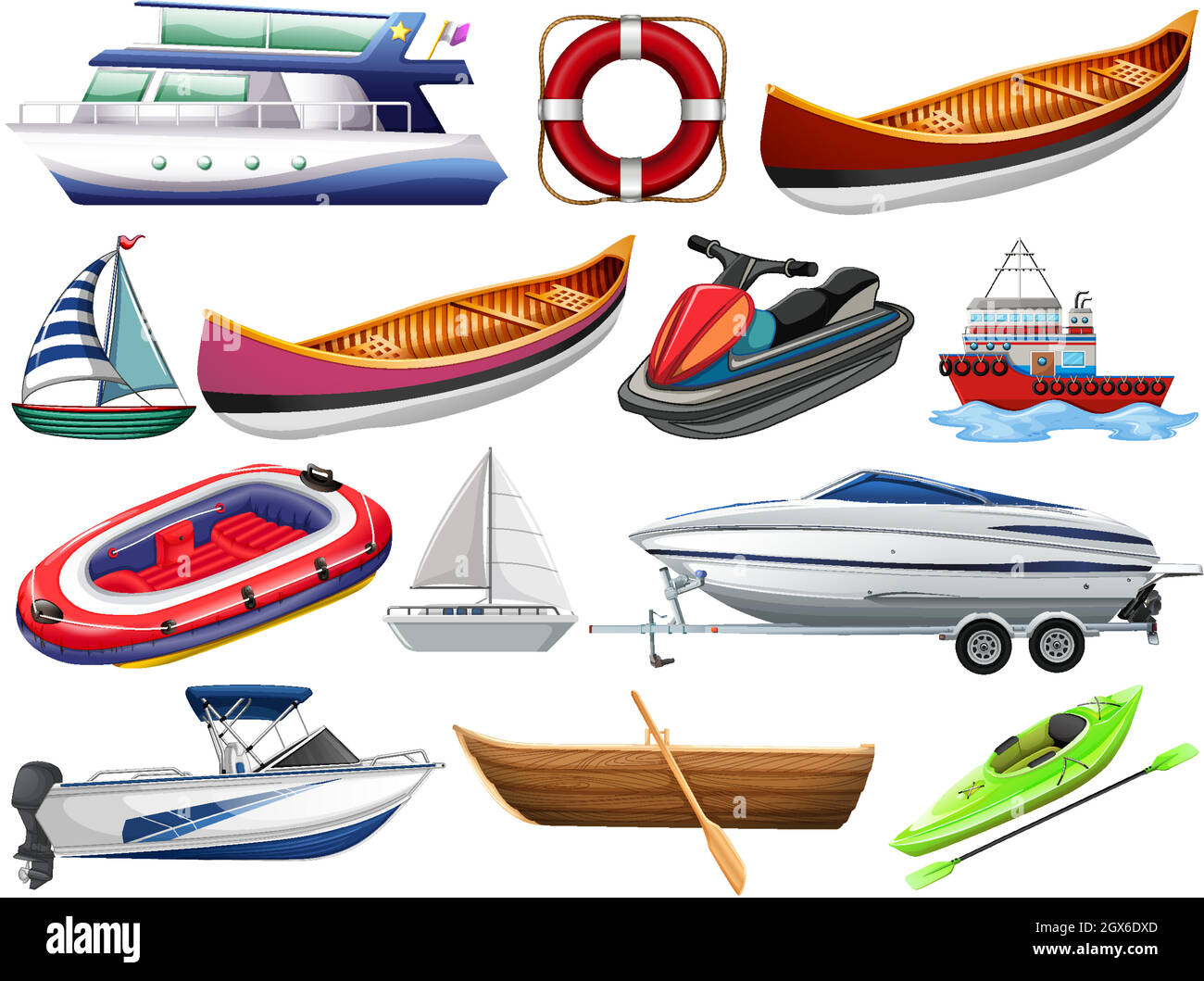 Ensemble de différents types de bateaux et navire isolé sur fond blanc Illustration de Vecteur