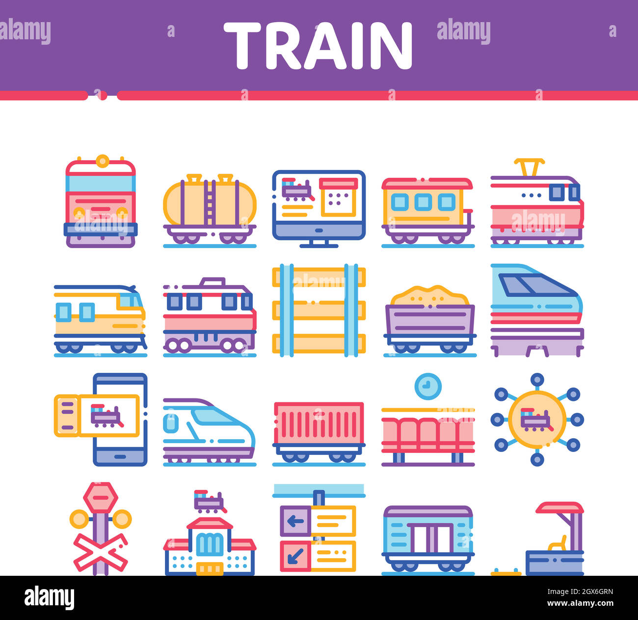 Les icônes de la collection de transport ferroviaire définissent le vecteur Illustration de Vecteur