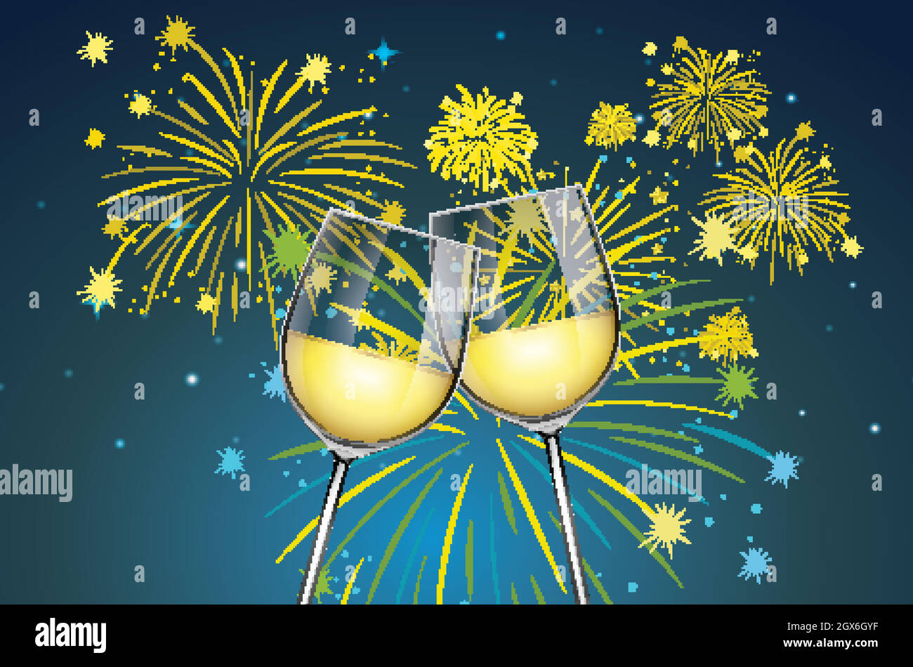 Arrière-plan avec deux verres de champagne et feux d'artifice Illustration de Vecteur