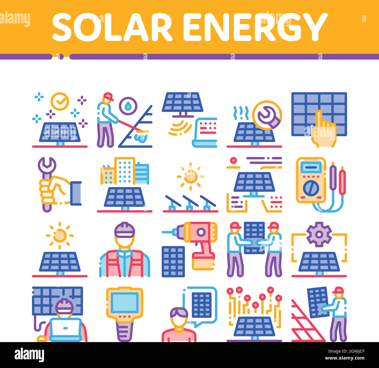 Les icônes de collecte des techniciens en énergie solaire permettent de définir le vecteur Illustration de Vecteur