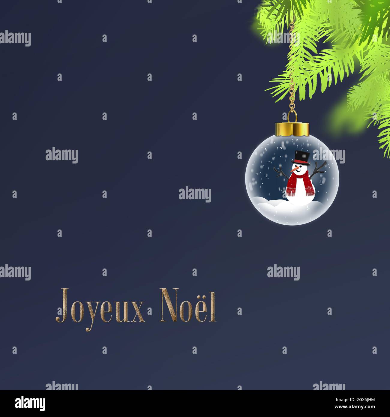 Texte Francais Joyeux Noel Joyeux Noel En Francais Carte De Noel Avec Boule De Noel Bonhomme De Neige Flocons De Neige Branches De Sapin De Noel Sur Bleu Placer Pour T Photo