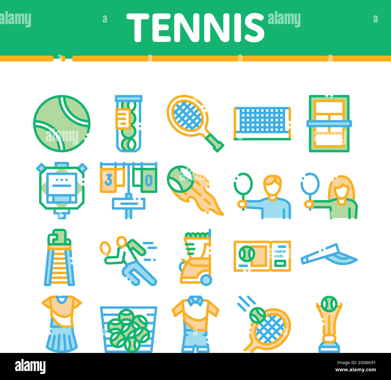 Jeu de tennis Collection d'équipements de jeu Icons Set Vector Illustration de Vecteur