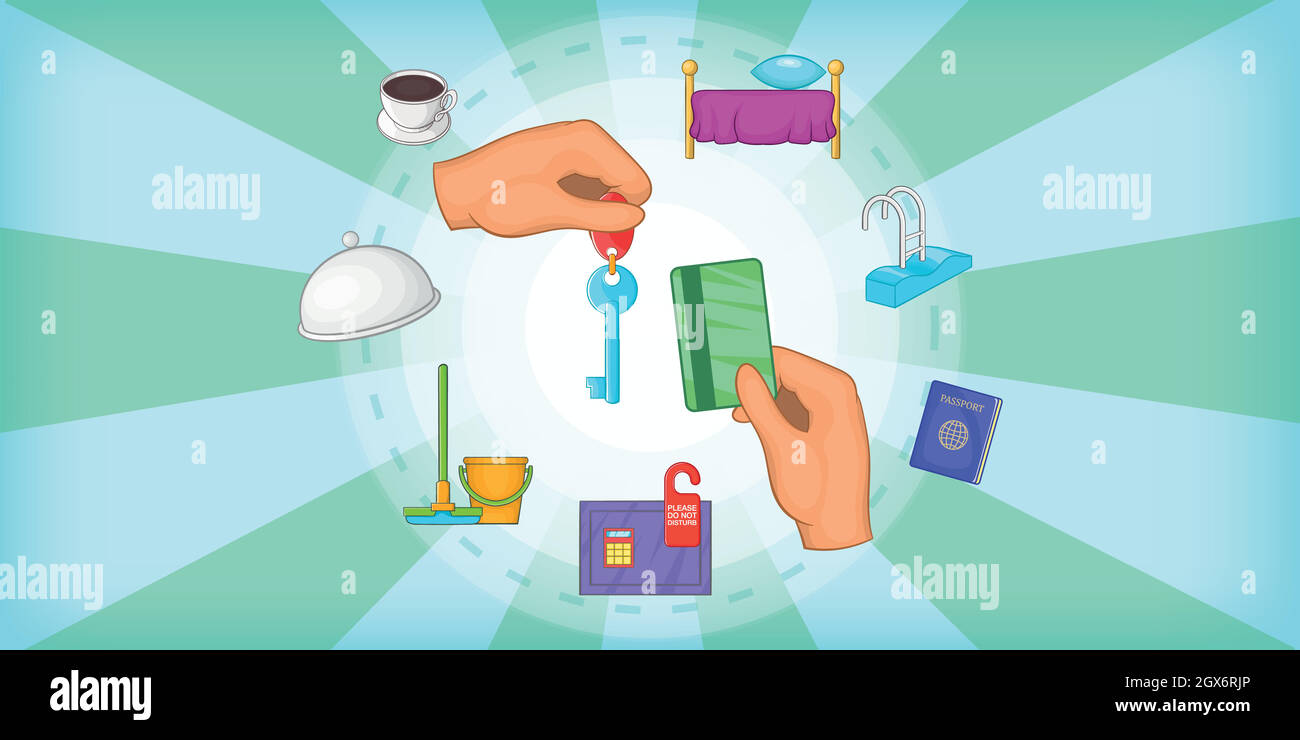 Hôtel de la bannière horizontale de symboles, de style cartoon Illustration de Vecteur