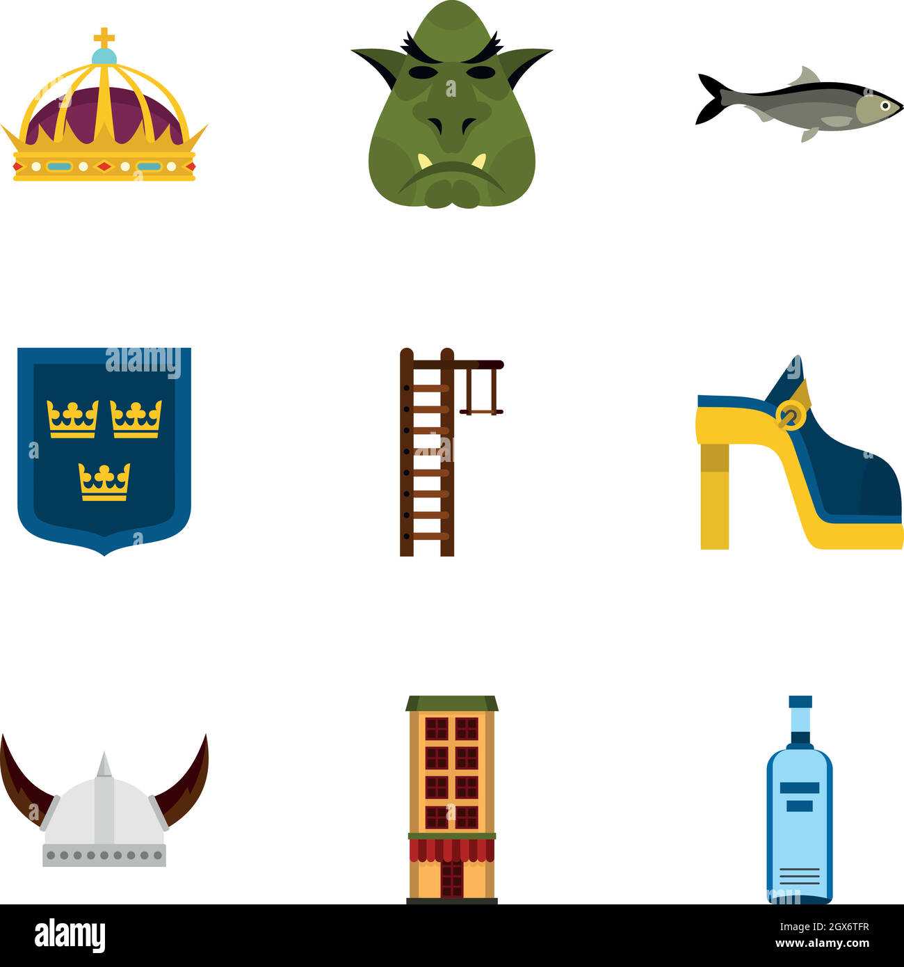Icônes des attractions suédoises, style plat Illustration de Vecteur