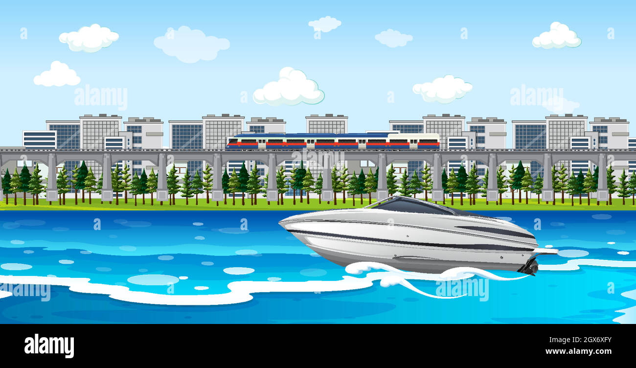 Scène de la ville de la rivière avec un hors-bord Illustration de Vecteur