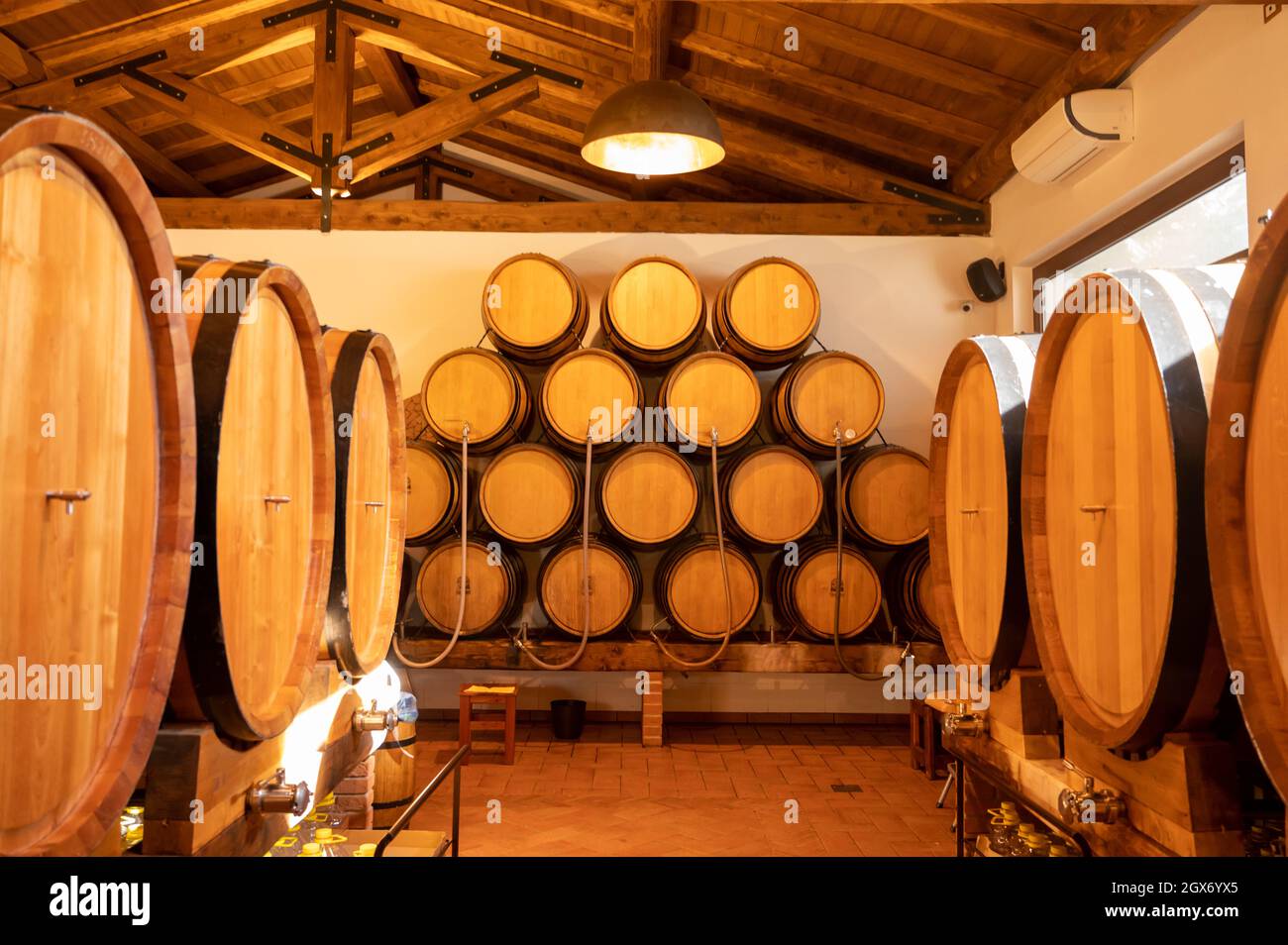 Vins blancs, roses et rouges secs et doux en gros et petits fûts à vendre dans les caves à vin en Italie Banque D'Images
