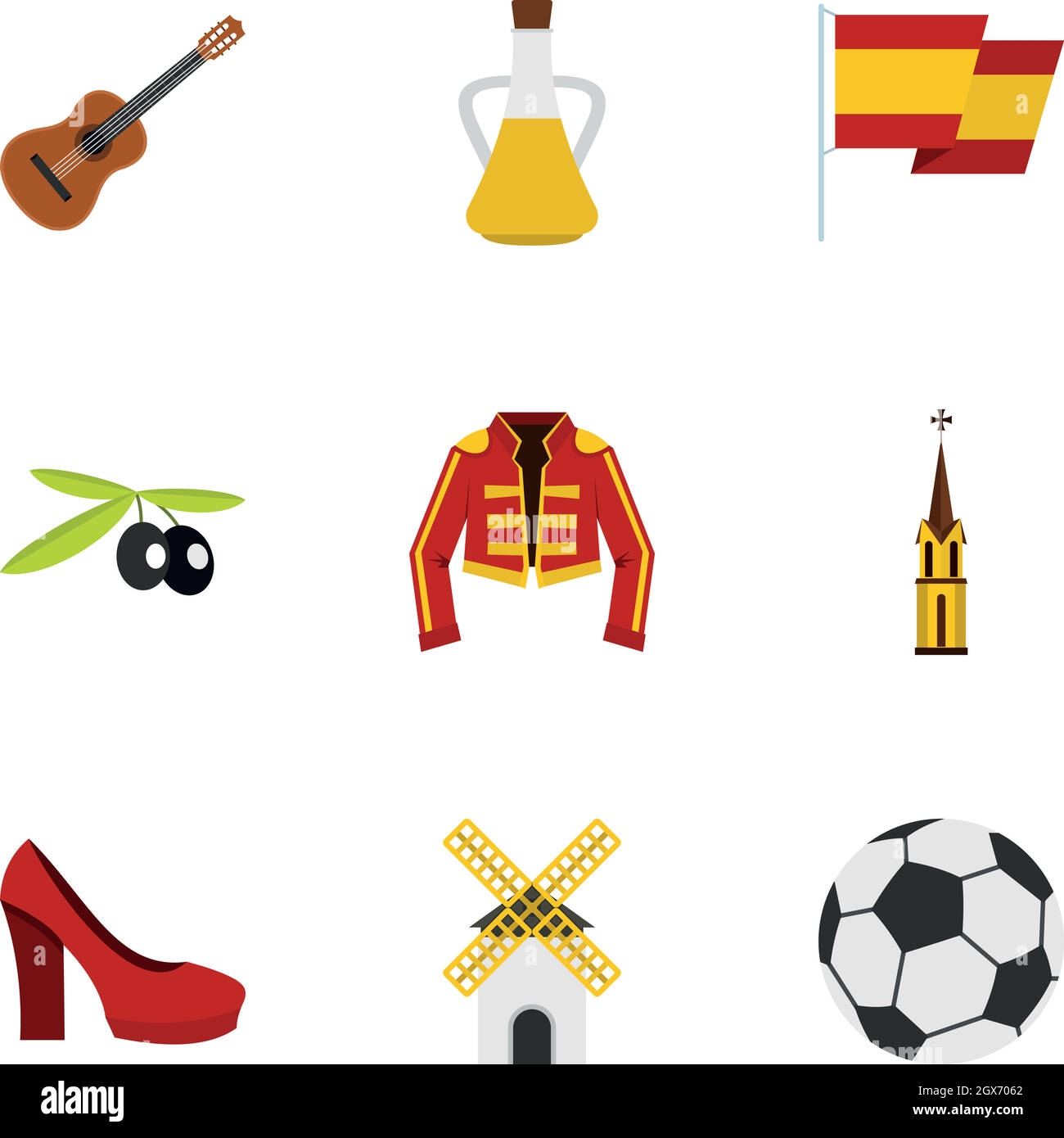 Ensemble de symboles de culture espagnole, style plat Illustration de Vecteur
