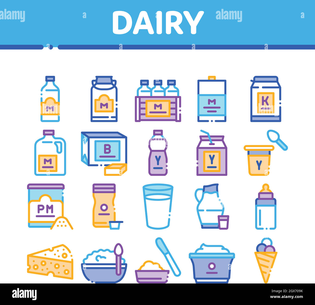 Ensemble d'icônes de la collection de produits laitiers et de produits alimentaires Vector Illustration de Vecteur