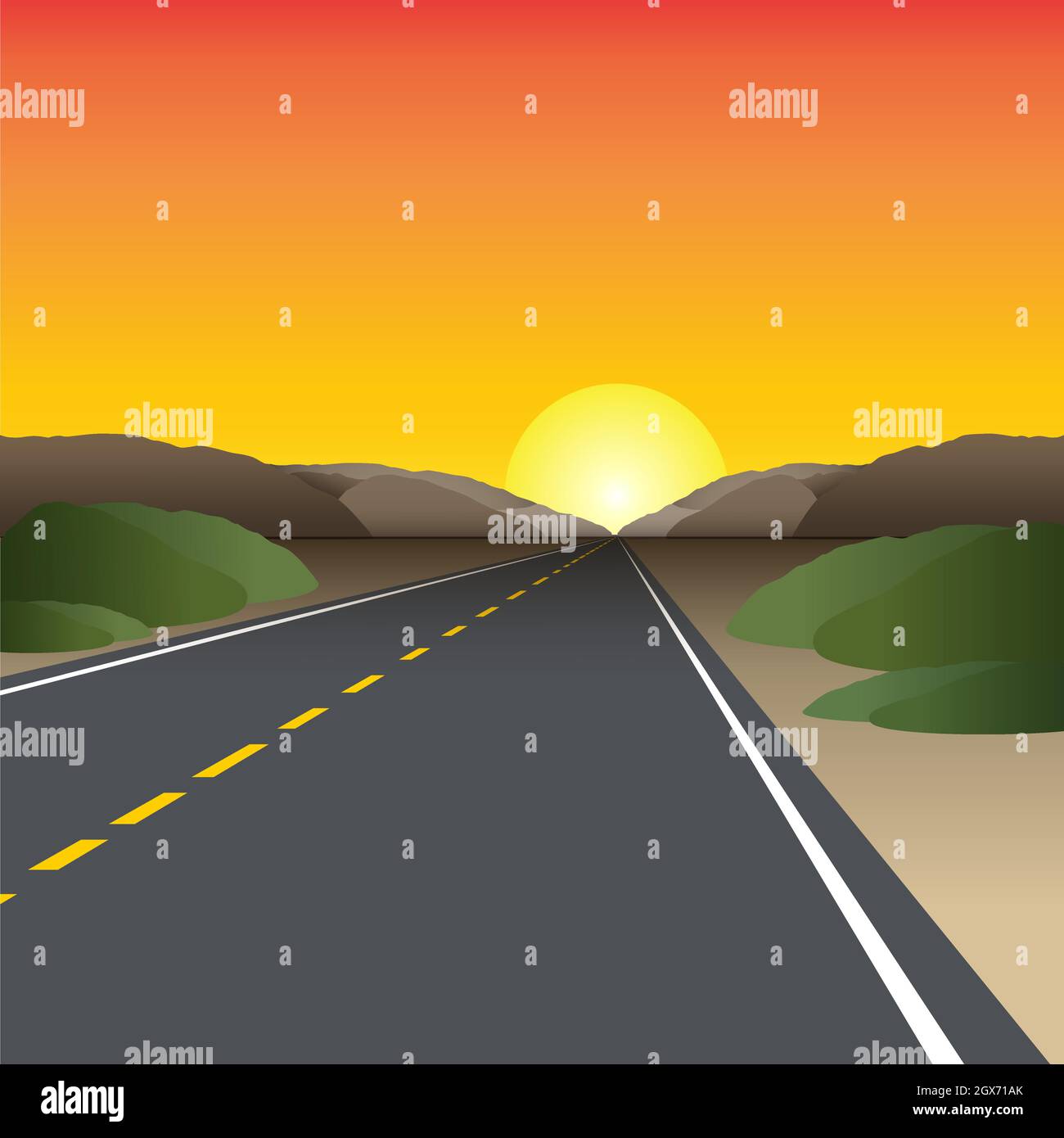 Autoroute plate dans un paysage désertique avec un coucher de soleil - Illustration vectorielle Illustration de Vecteur