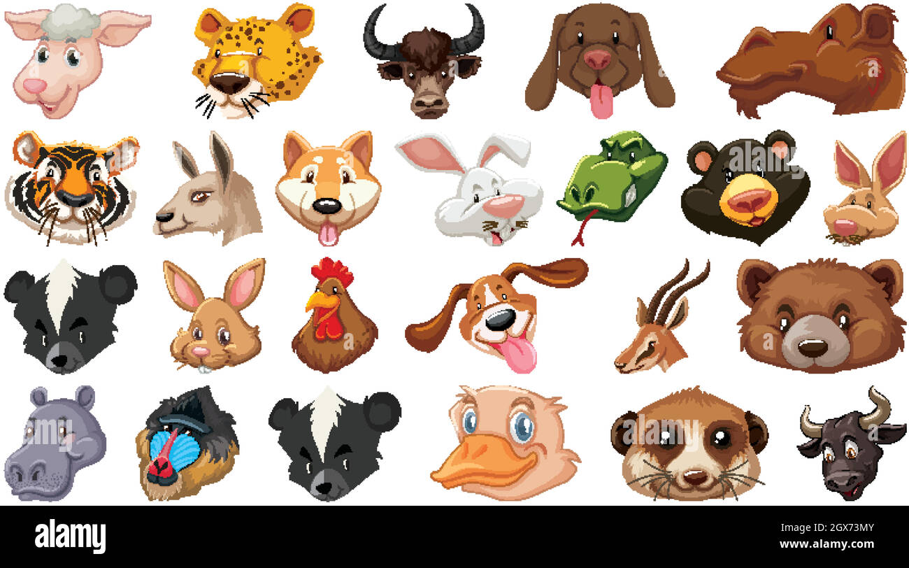 Ensemble de différents animaux de dessin animé mignon tête énorme isolé sur fond blanc Illustration de Vecteur