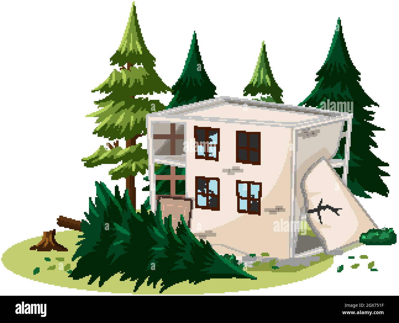 Bâtiment cassé endommagé par un tremblement de terre isolé sur fond blanc Illustration de Vecteur