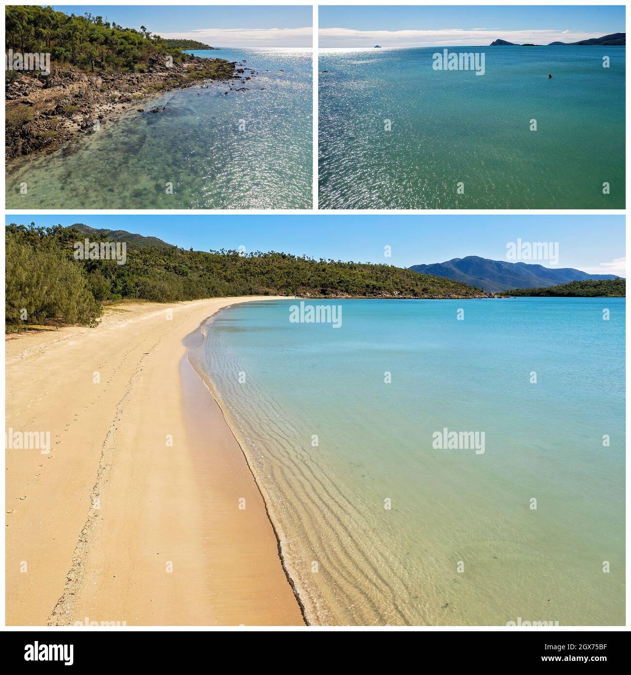 Un collage de trois images d'une longue plage de sable tropical et d'un rivage rocheux avec une personne non identifiable sur un kayak profitant de l'océan Banque D'Images