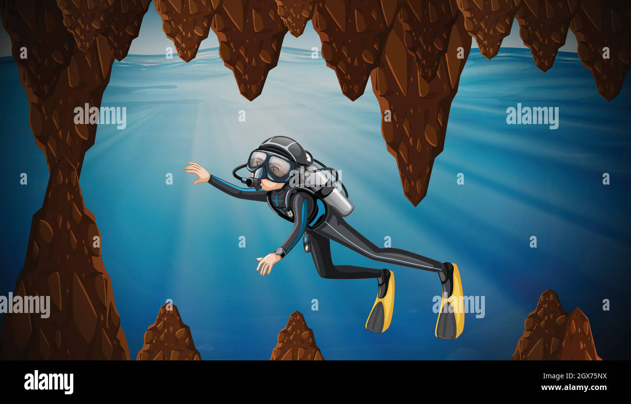 Plongée sous-marine dans une grotte sous-marine Illustration de Vecteur