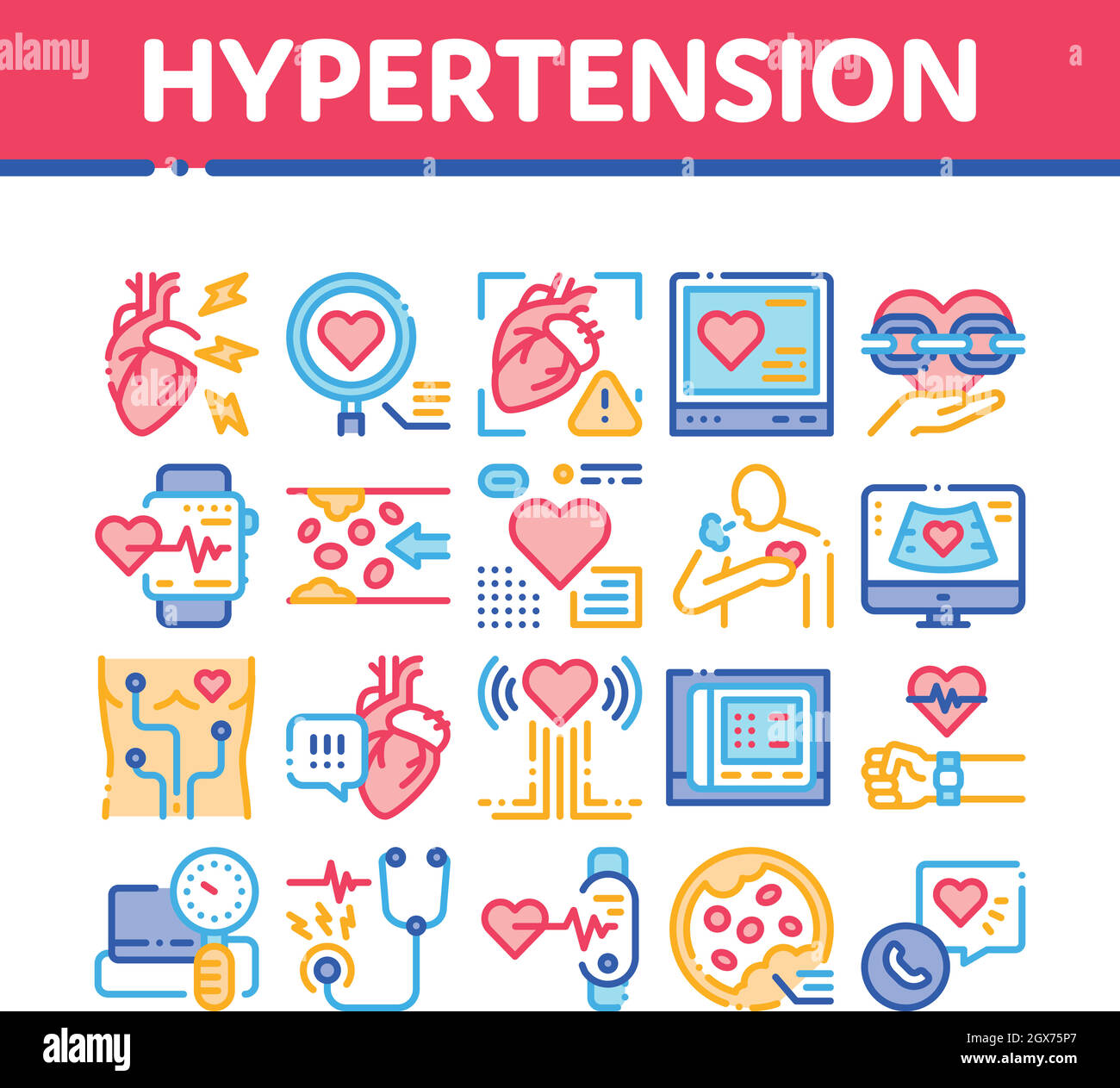 Les icônes de la collection de maladies d'hypertension définissent le vecteur Illustration de Vecteur