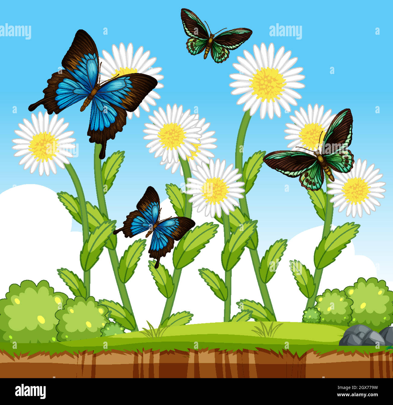 Beaucoup de papillons avec beaucoup de fleurs dans la scène de jardin Illustration de Vecteur