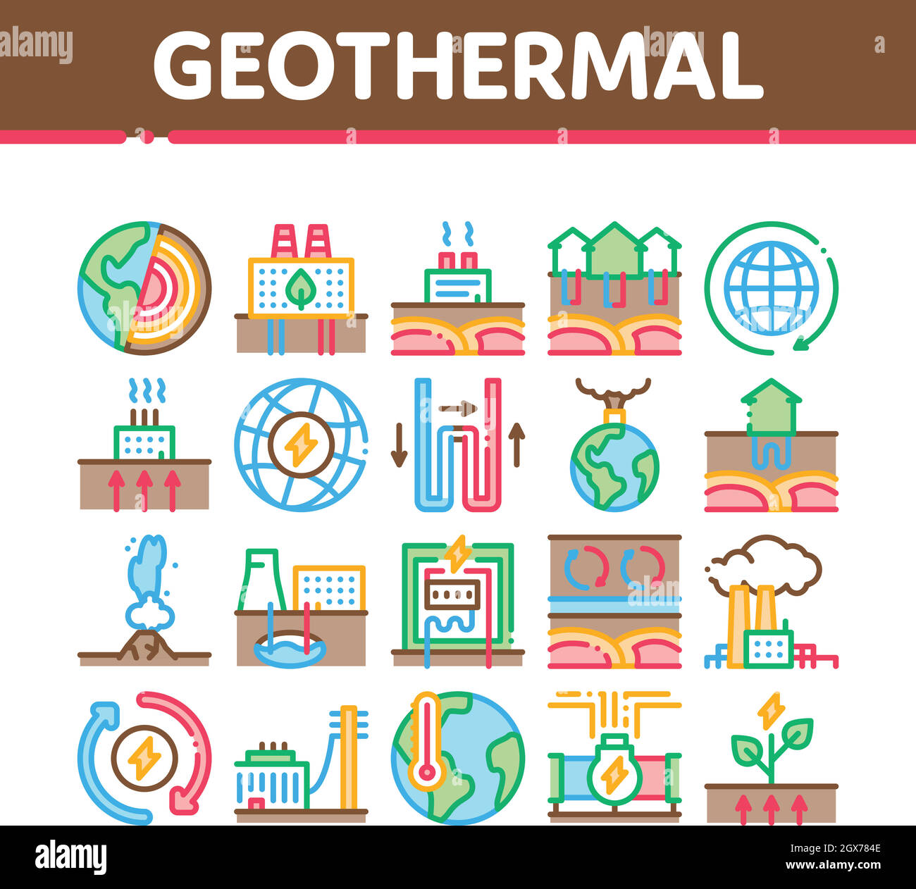 Les icônes de la collection d'énergie géothermique définissent des illustrations vectorielles Illustration de Vecteur