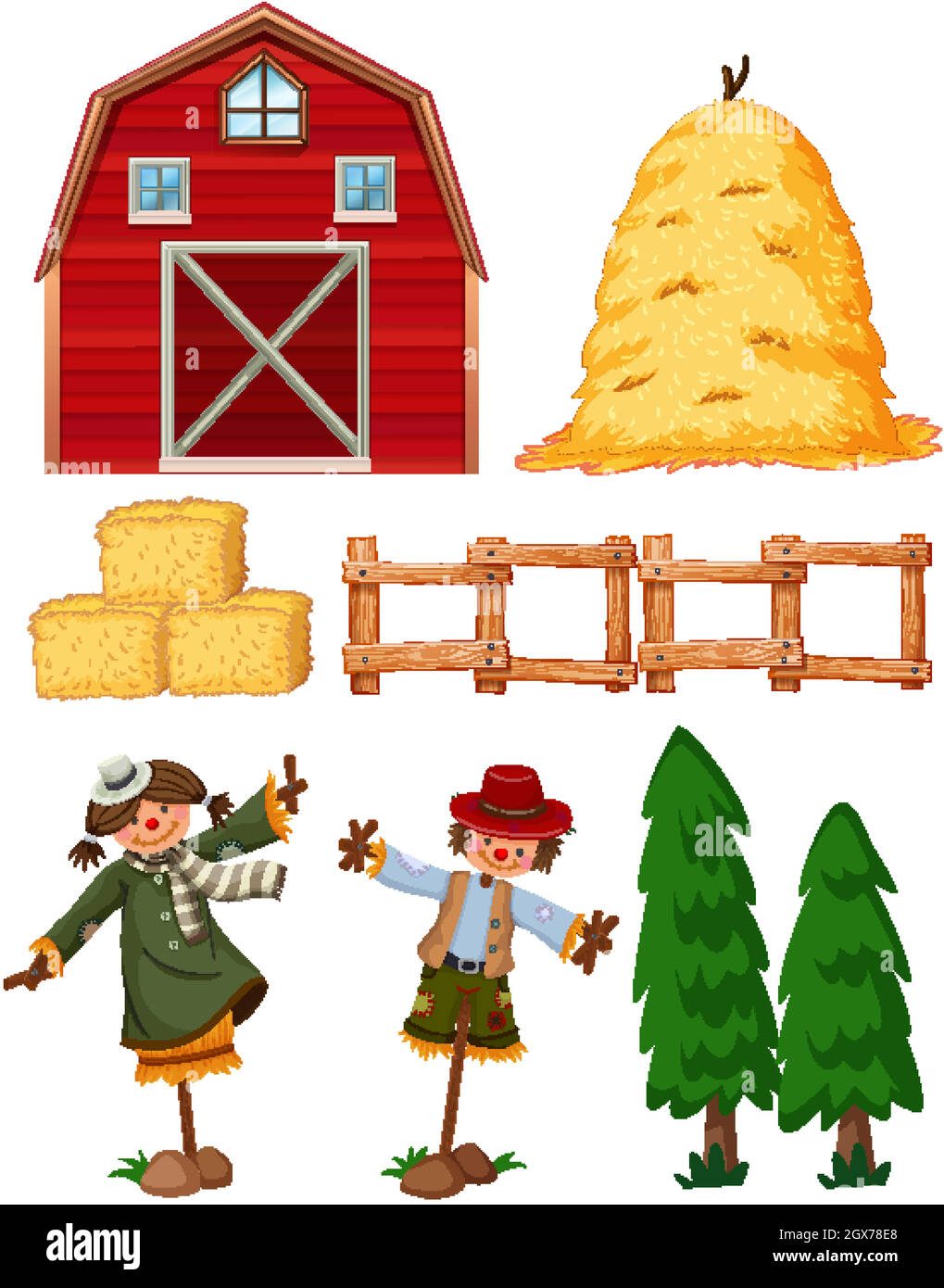 Ensemble d'articles agricoles avec grange et arnaque Illustration de Vecteur