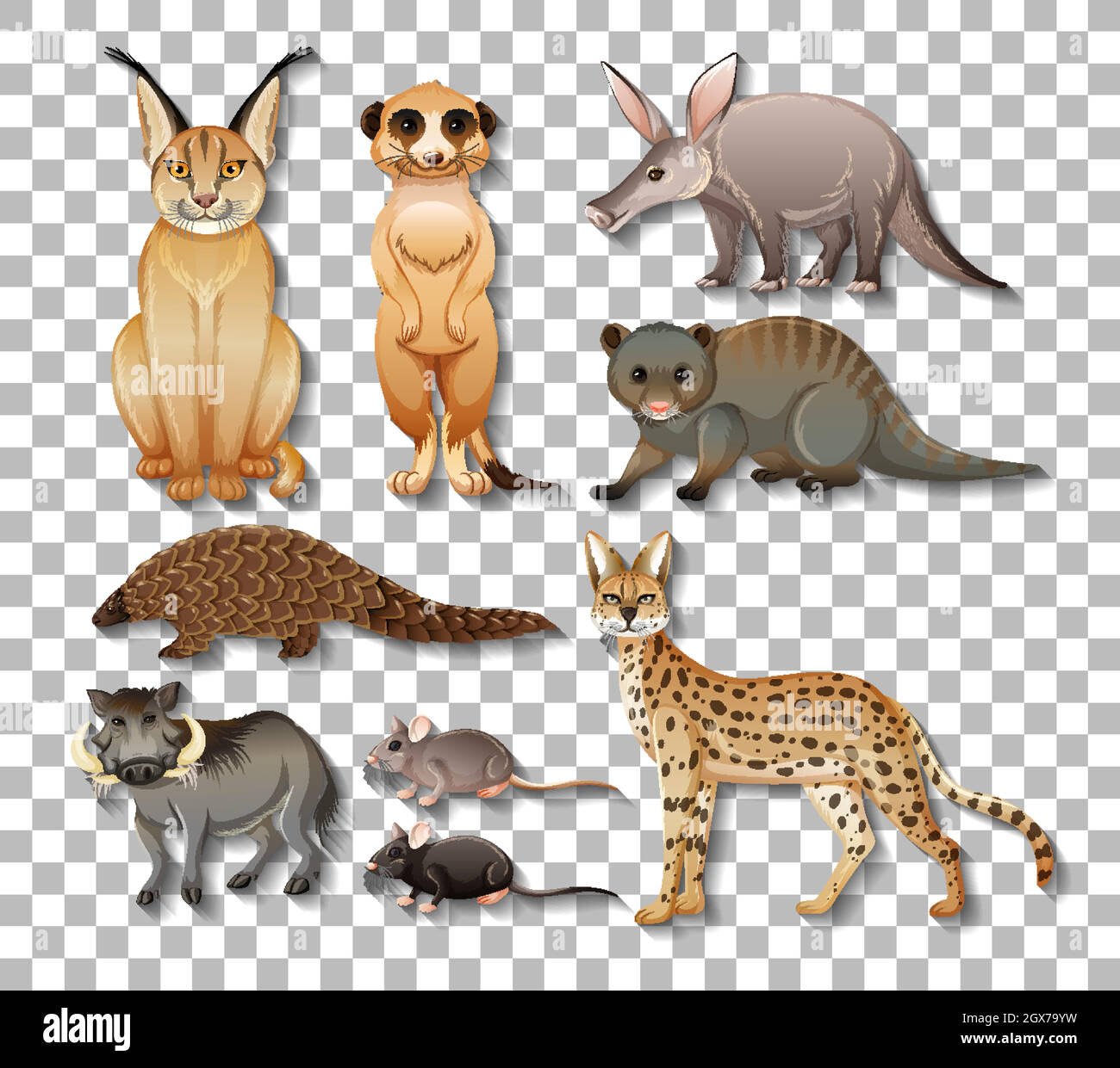 Ensemble d'animaux sauvages africains isolés sur fond transparent Illustration de Vecteur